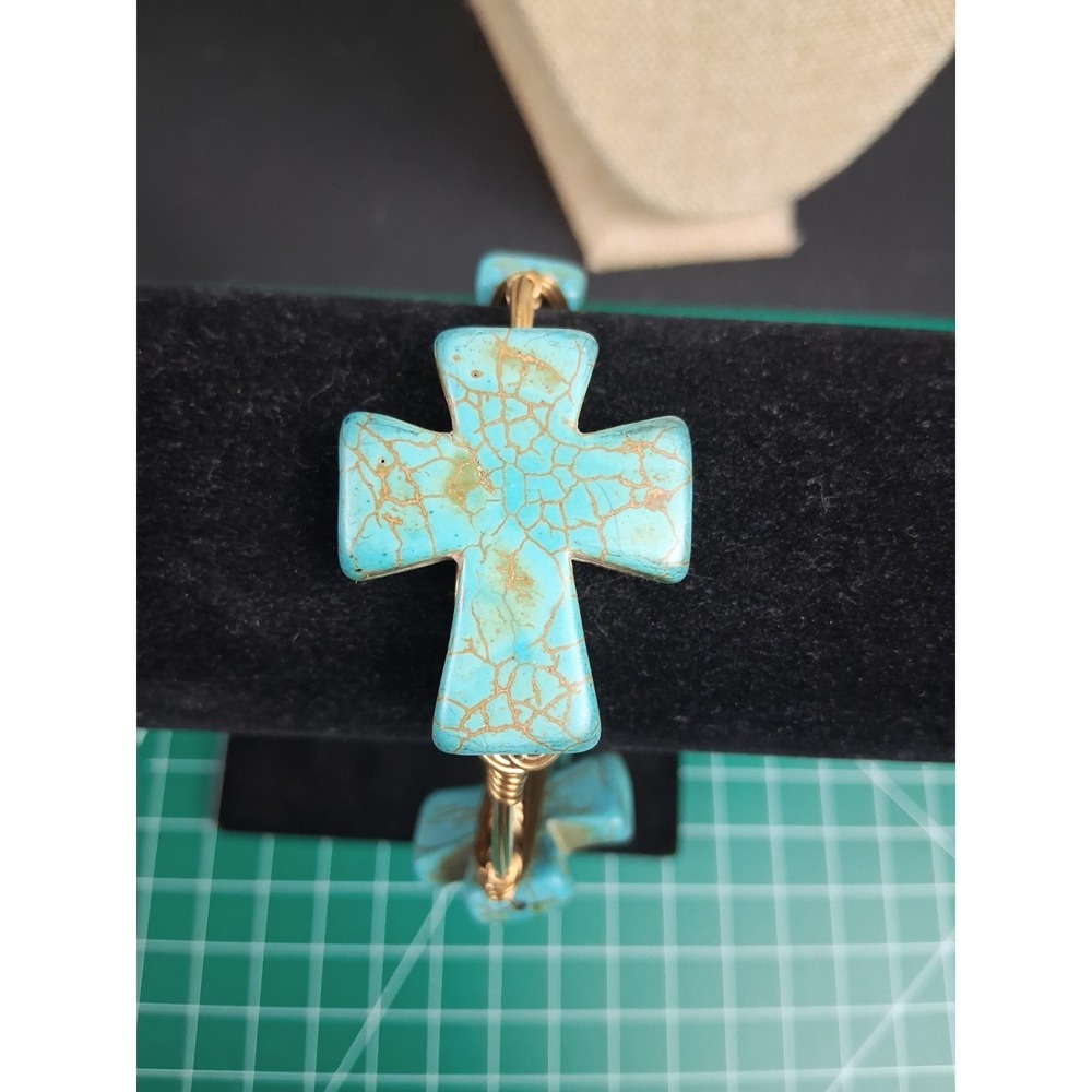 Bourbon Bowties Wire Wrapped Cross Bracelet Faux Turquoise Statement Boho Chunky